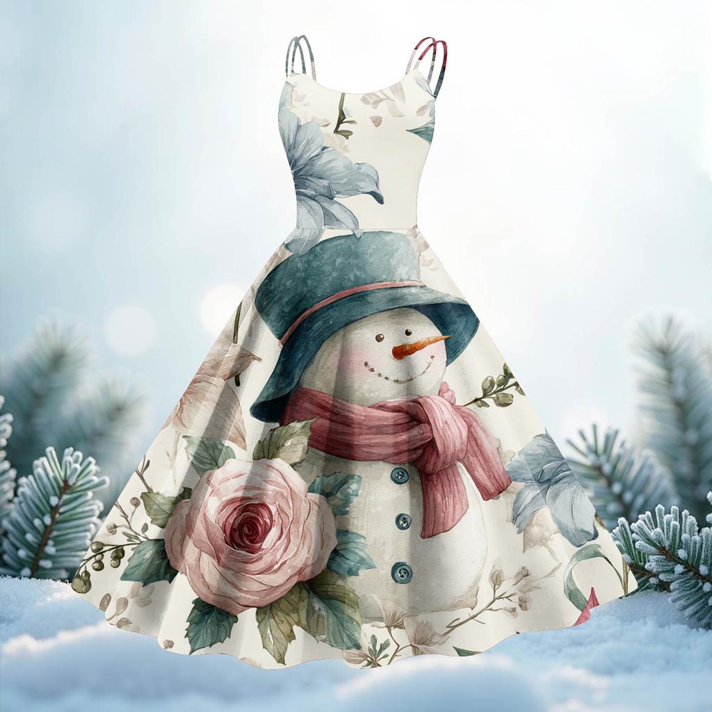 Women's Christmas Print Casual Fashion Round Neck Mid-Length Dress