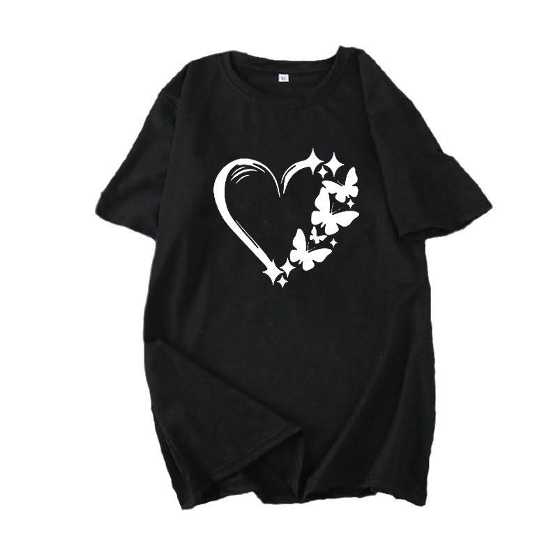 T Shirt Women Summer Loose Fit Heart Print Short Sleeve Graphic Tee For Casual Wear