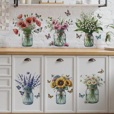 6 pezzi adesivi murali con piante in vaso e fiori, foglie verdi, decalcomanie per la cameretta delle ragazze
