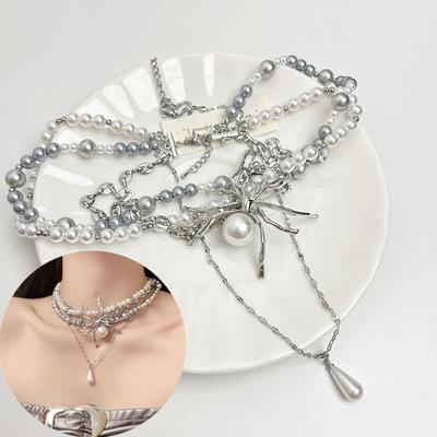 Personality Y2K Cool Cosplay Necklace Unisex Beaded Choker Spider Pendant Alloy Pearl Chain Jewelry Gothic Hip-pop Accessory