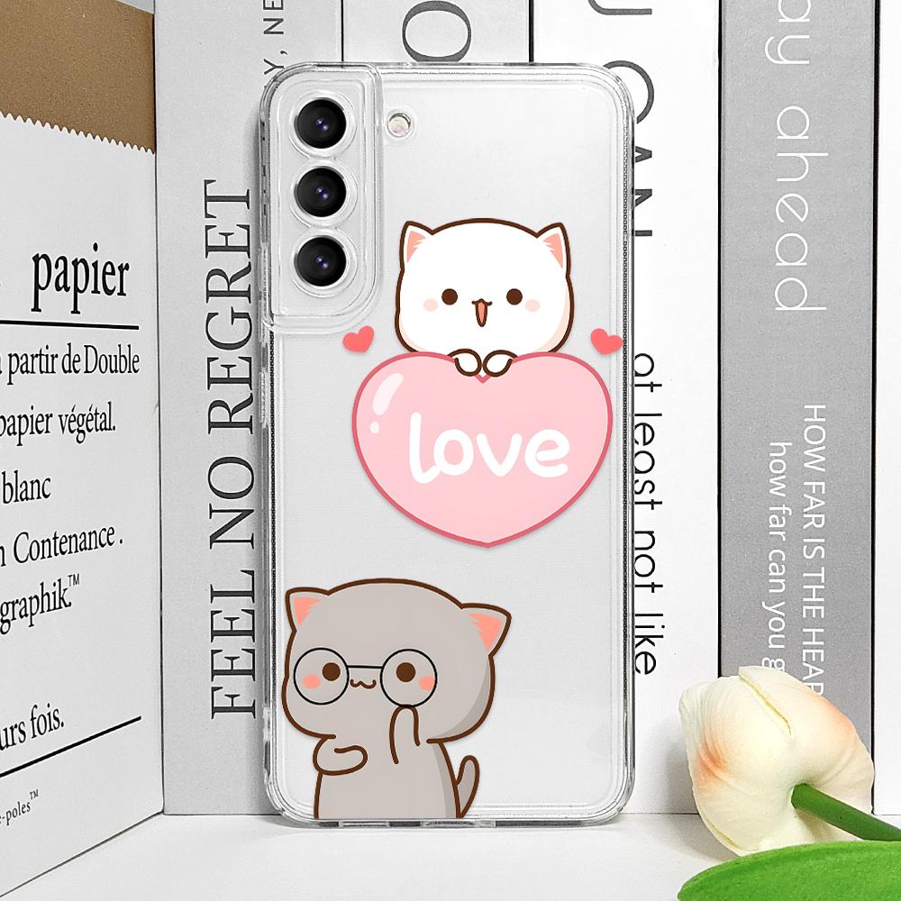 Funny Cartoon Peach Mochi Cat Phone Case for Samsung Galaxy S24 S23 S22 S21 S25 Ultra Plus FE 5G Clear Soft Covers Couple Fundas