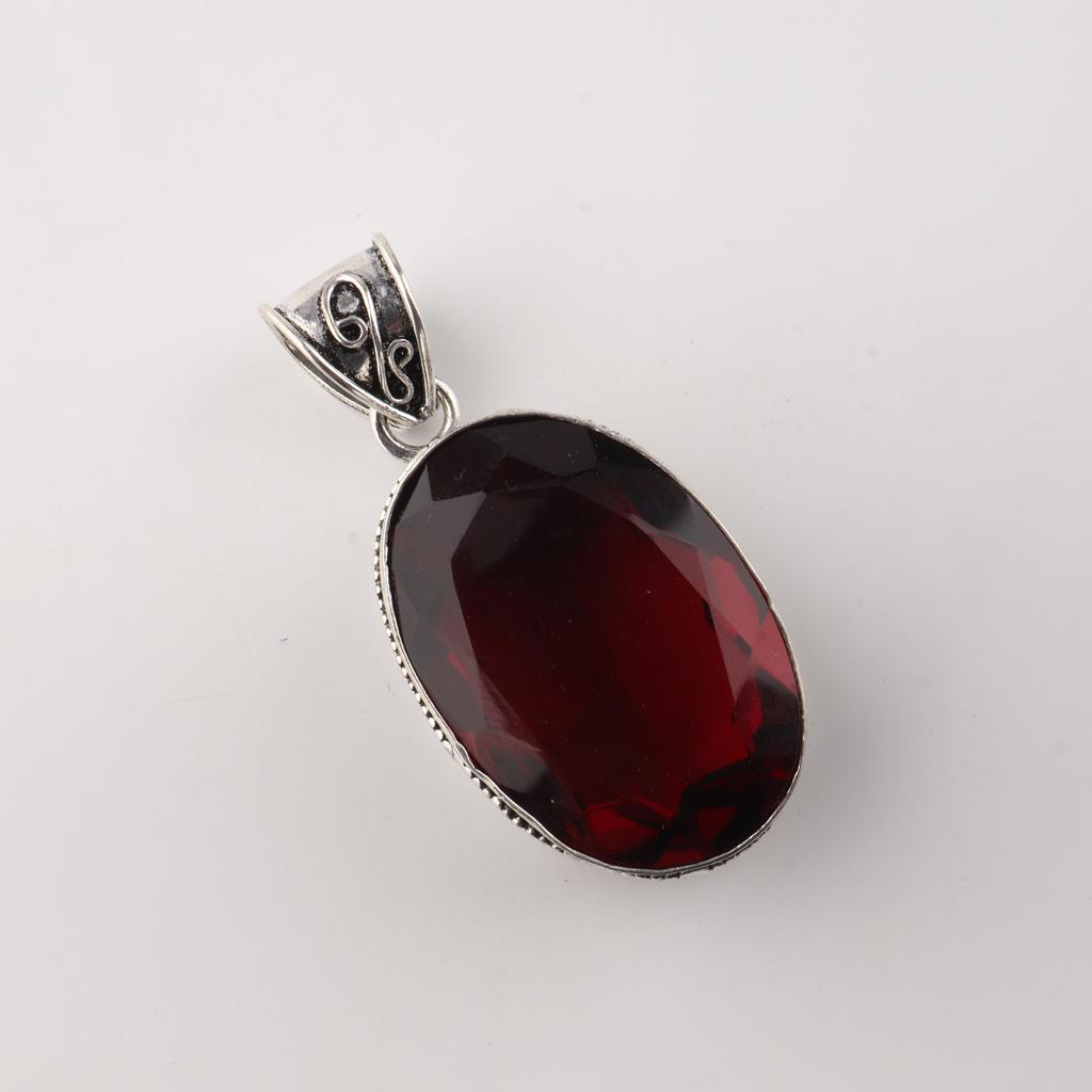 Mozambique Garnet Gemstone Silver Pendant 1.8" , 925 Sterling Silver Handmade Vintage Pendant For Women PP-71-3