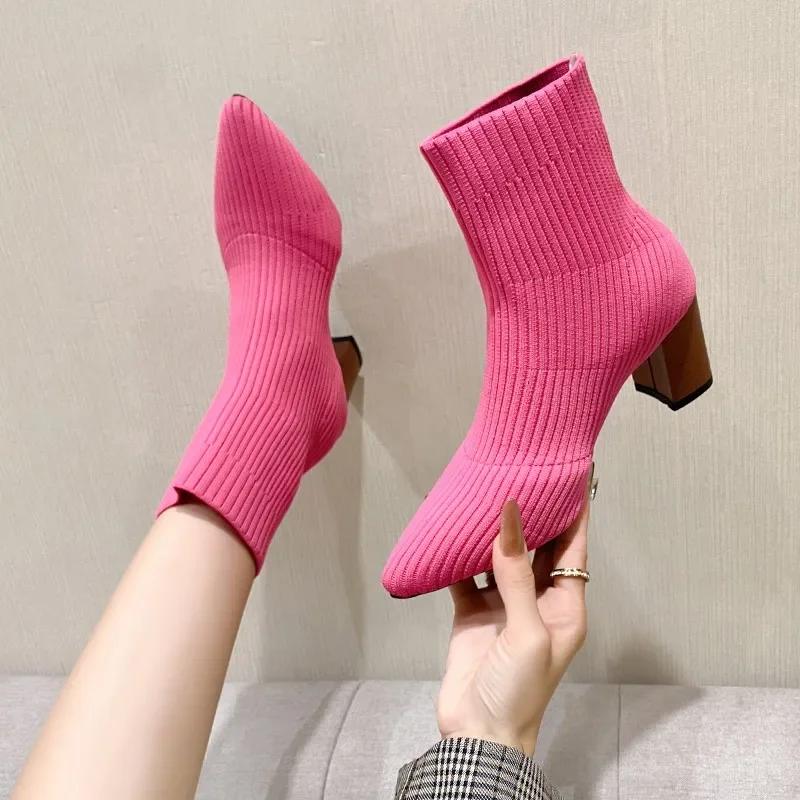 Winter Knitting Sock Boots Women Shoes High Heels Pointed Toe Ankle Boots Brand 2025 Trend New Comfort Elegant Dress Botas Mujer