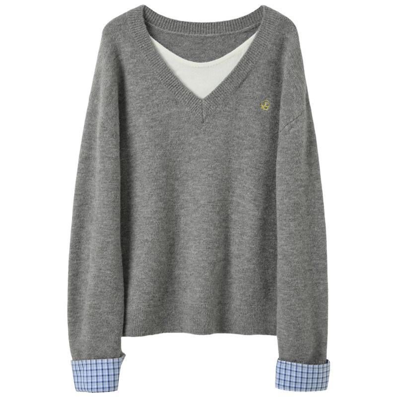 Sancai 2025 Winter Faux Two-Piece V-Neck Knit Sweater