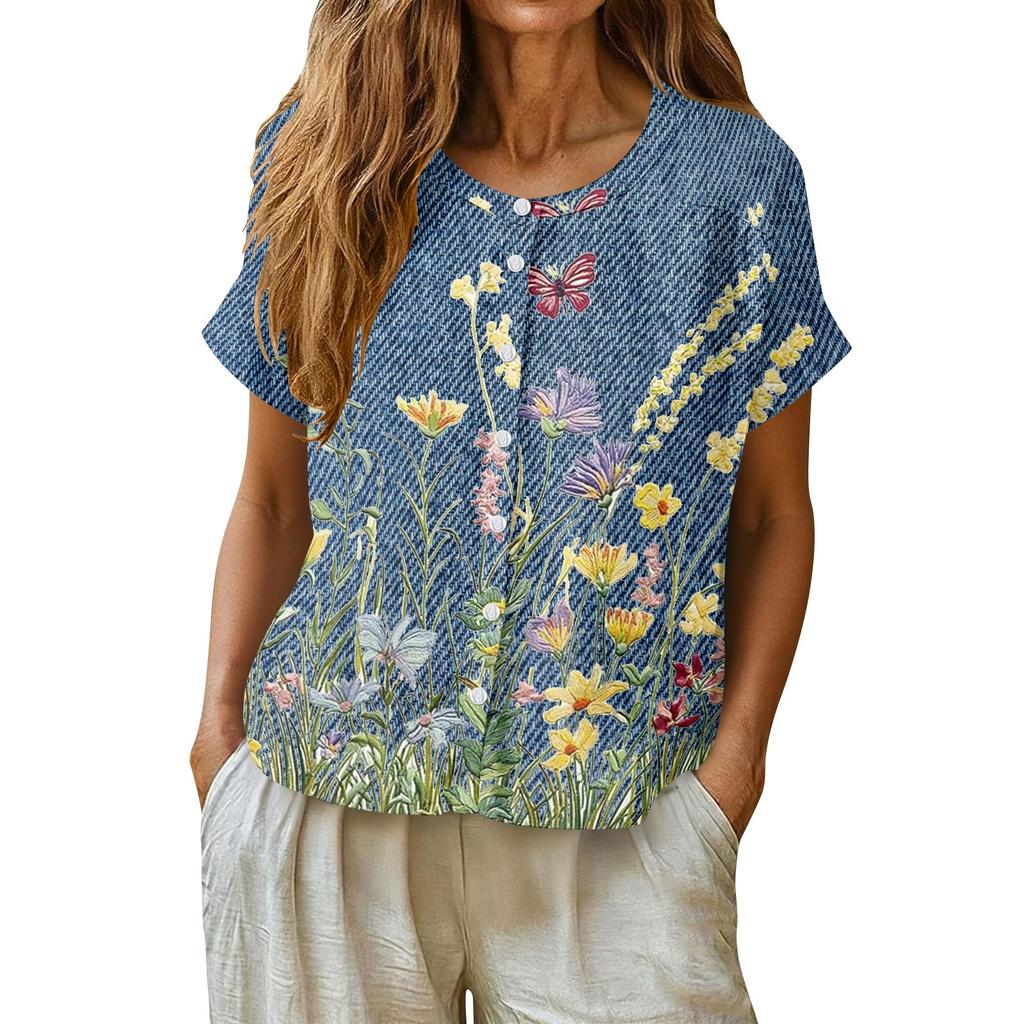Women's Neck Floral Print Blouse with Single Button Placket