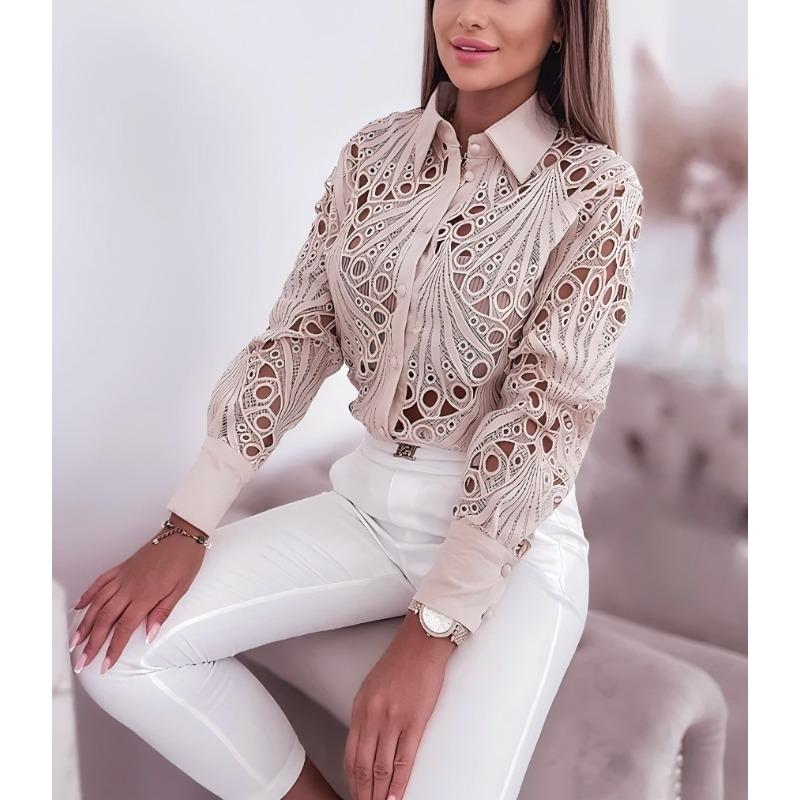 

women s Hollow Out Lace Patchwork Turn Down Collar Long Sleeve Blouse Elegant Commuter Shirt Top 2XL