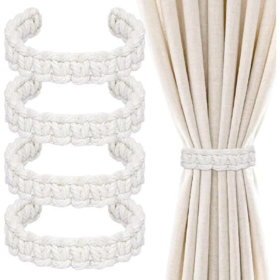 4pcs Braided Curtain Tiebacks Boho Curtain Holdbacks Farmhouse Tie Backs Holders for Home Bedroom Office Drapes Curta (Linen)