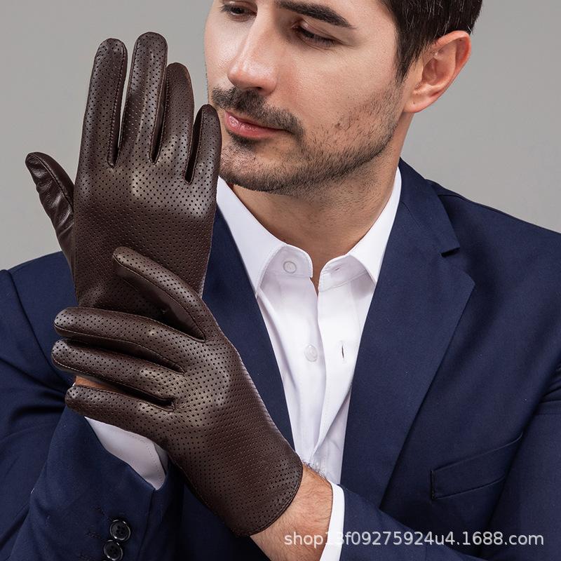 Leather Gloves Men's Thin Spring and Autumn Can Touch the Screen Fashionable Driving Riding Motorcycle Handsome First Layer Sheepskin Breathable