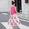 Summer Wear a Complete Set of Women's Casual Fashion Dress Rose Pink Knitted Sleeveless Vest Floral Skirt Set