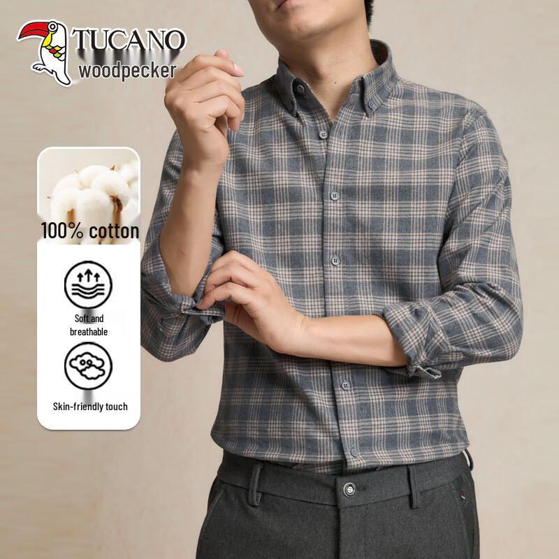 TUCANO Men s Pure Cotton Brushed Plaid Long-Sleeve Shirt XL