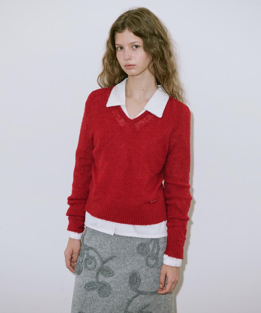 SINOON Hairy Boucle V-Neck Knit (Red)