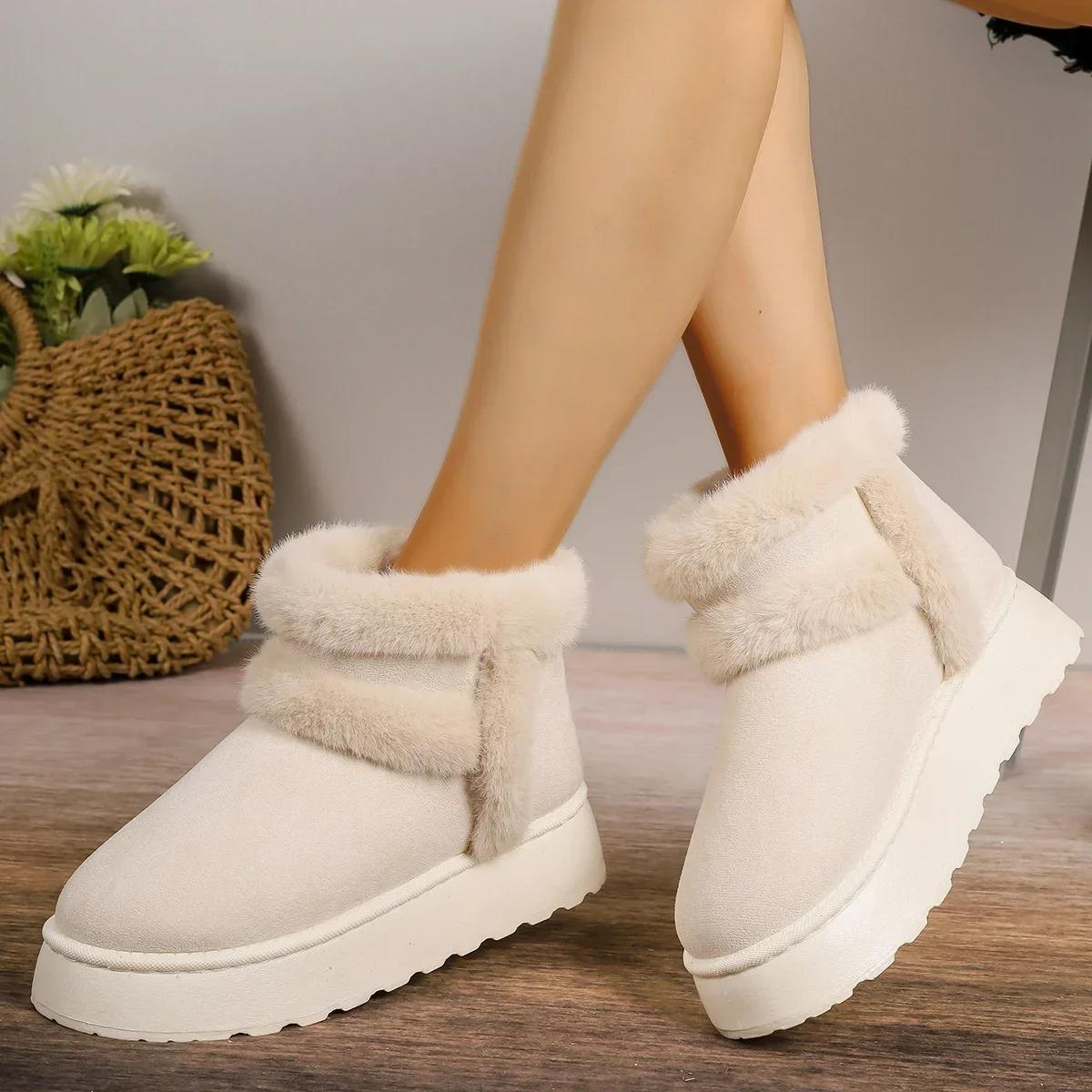 

Women s New Cute Short Boots, Thick Soled Winter Warm Snow Boots, Internet Famous Flat Cotton Shoes Platform Shoes for Women 36 бежевый