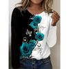 Ladies' Casual Long Sleeved T-shirt - Red Rose Flower Print with Black and White Contrasting Cuffs