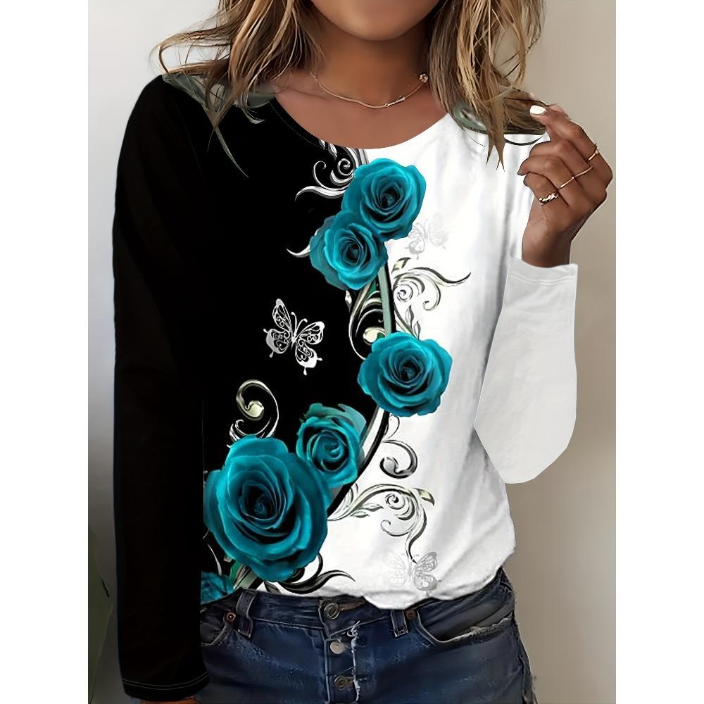 Ladies' Casual Long Sleeved T-shirt - Red Rose Flower Print with Black and White Contrasting Cuffs