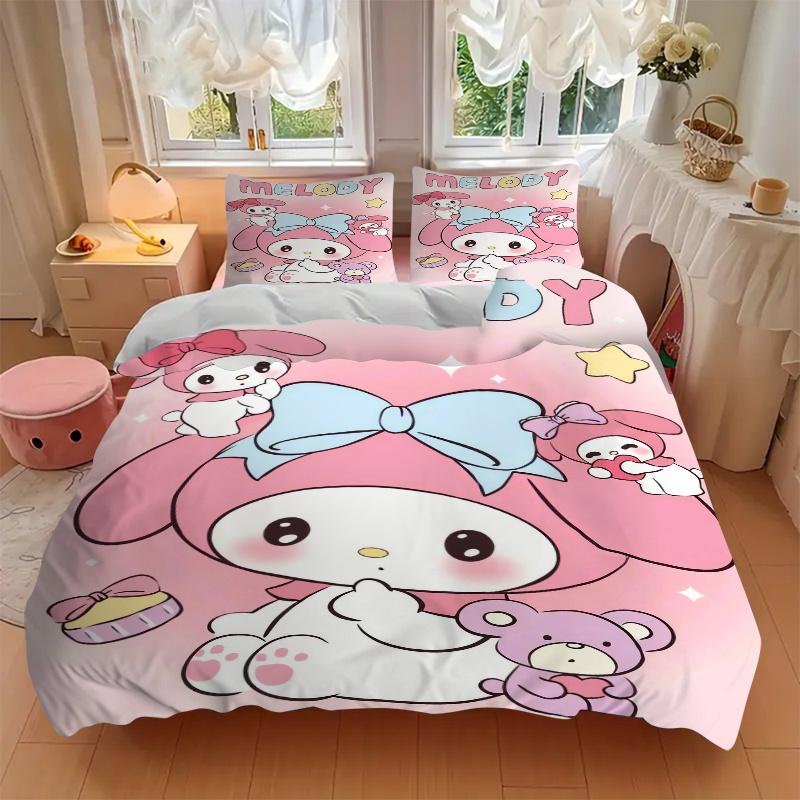 3pcs Pink Cute My Melody Sanrio Printed Bedding Set, Soft and Comfortable Quilt Cover for Bedroom, Guest Room (1 Duvet Cover + 2 Pillowcases
