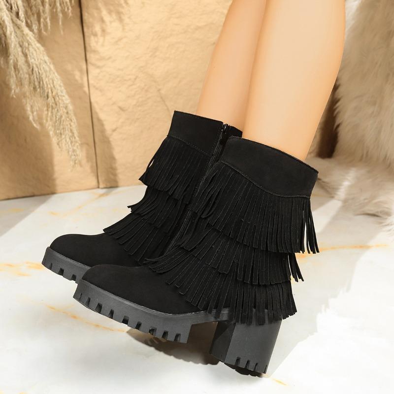 Fashion 2025 New High Quality Sexy Suede Black Tassels Riding Boots Women Winter Side Zipper High Heel Western Fashion Boots