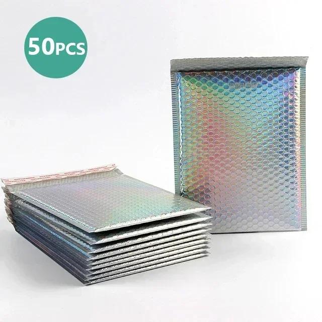 50Pcs Packaging Supplies Holographic Shipping Bags Champagne Color Metal Bubble Mailer Small Business Envelope Mailing Office