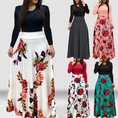 Lady Petticoats Plus Size Summer Flower Dot Print Color Matching Long Sleeve High Waist Women Maxi Dress