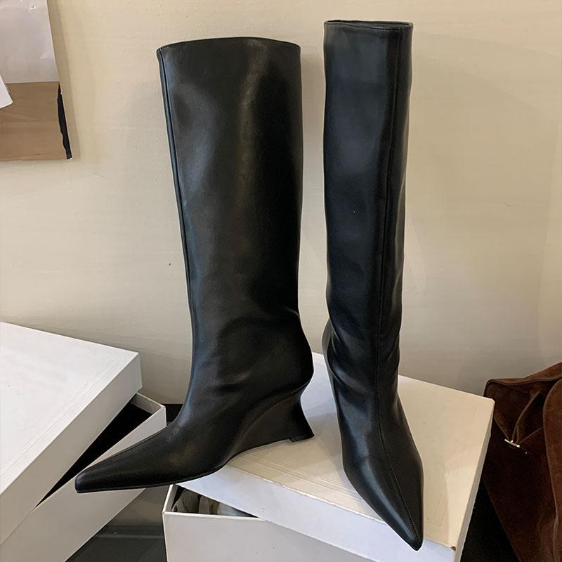 

Модная вечеринка Женские ботфорты до колена Обувь слипоны Модные остроносые Элегантные женские длинные современные ботинки Женские туфли-лодочки Обувь на танкетке леди 35 чёрный