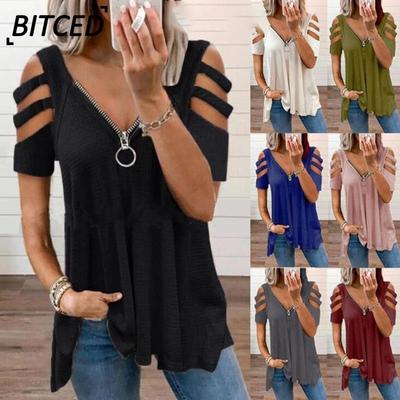 Women's Fashion Casual Solid Color Print Short Sleeve V Neck Blouses & Shirts