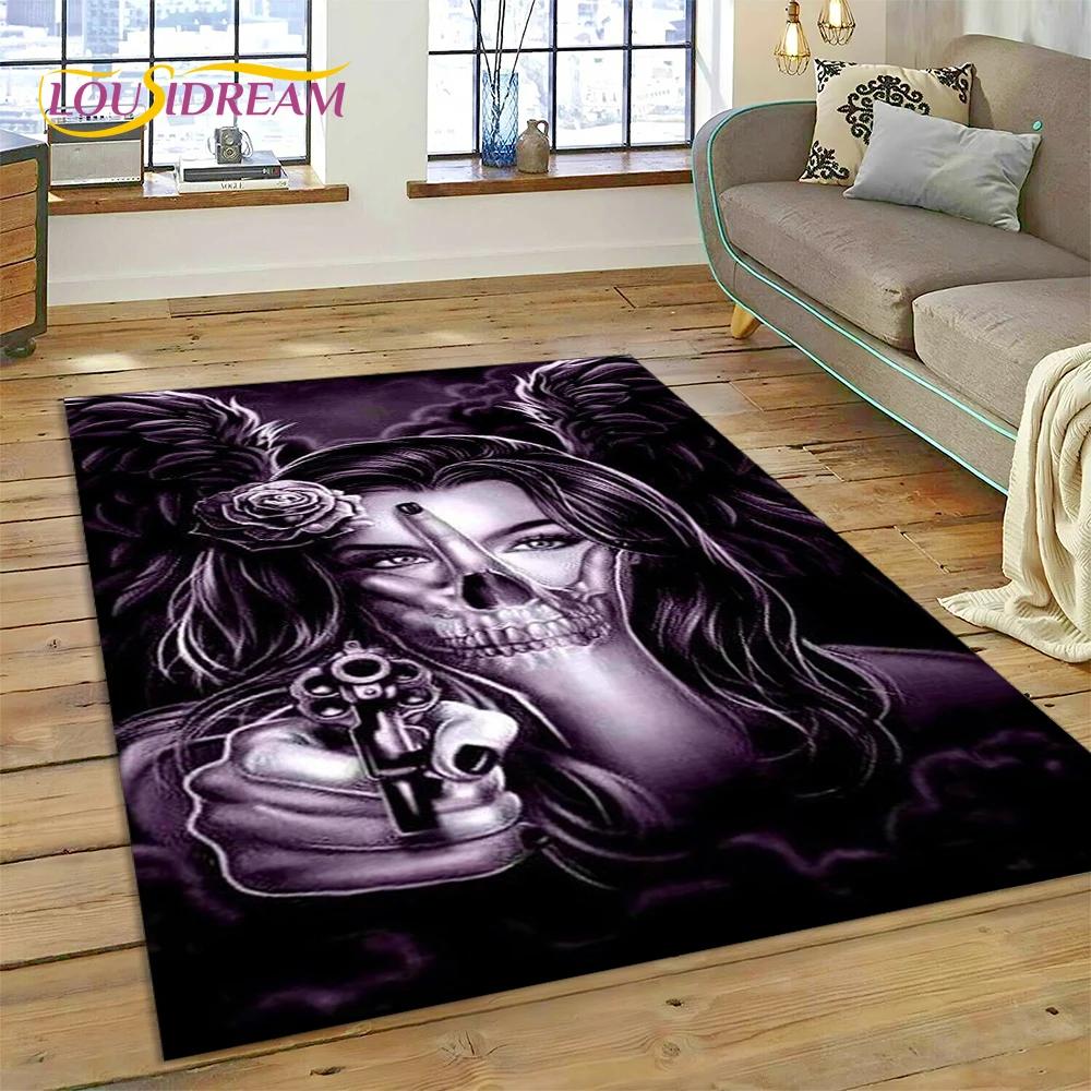 Skull Dead Girl 3D Gothic Horror Female Rose Rug Carpet for Living Room Bedroom Decor,Non-slip Decoration for Sofa Doormat Gift