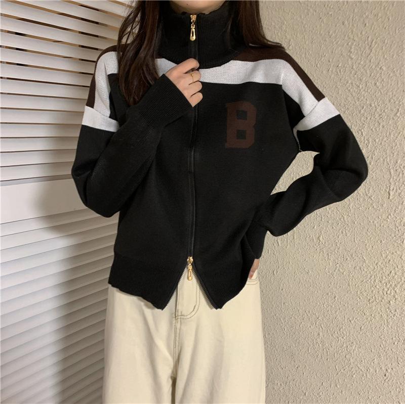 

Sweater women s winter design sense niche new small foreign style double zipper turtleneck contrasting knitted jacket one size fits all чорний