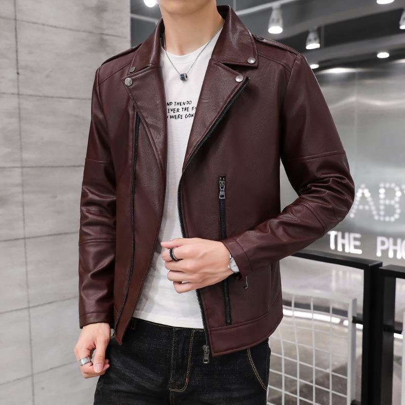 Men's Leather Coat Autumn and Winter Korean Style Trendy Slim and Handsome Green Motorcycle Jacket Lapel Leather Jacket for Men