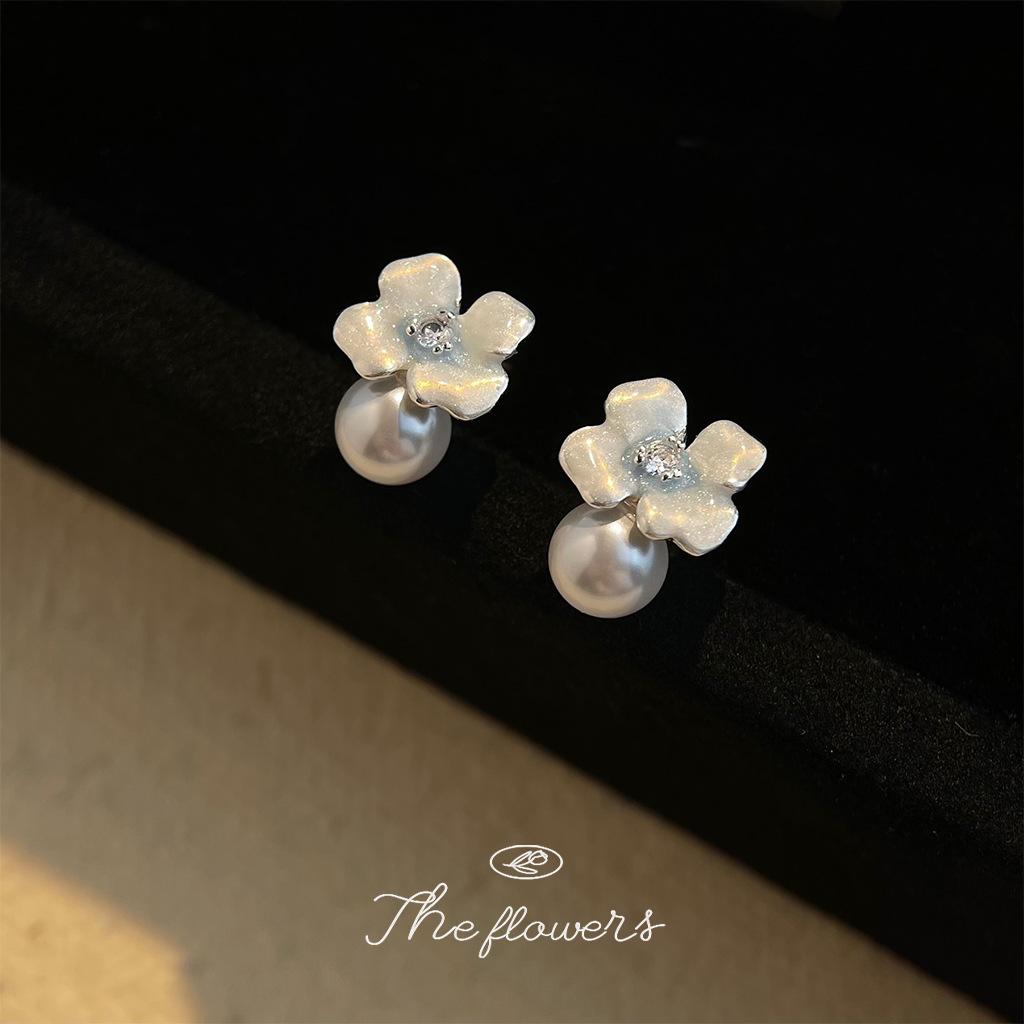 Popular glass pearl slightly inlaid zircon 925 silver needle enamel drip glaze gradual change flower earrings earrings, jewelry
