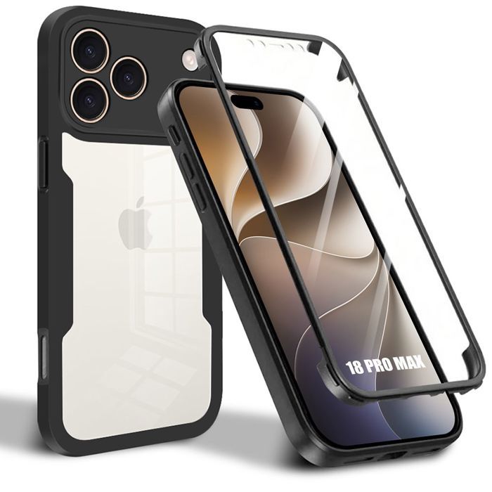 Case for iPhone 18 Pro Max, Full Front TPU and Back PC Protection - Black