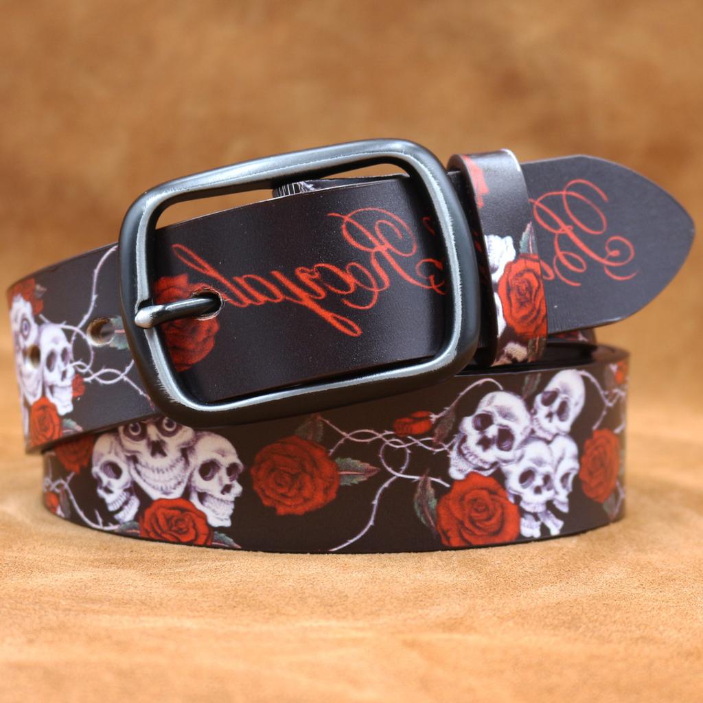 Real Cowhide Retro Skull Rose Graffiti Printed Belt, Personalized Retro Belt, American Japanese and Korean Style