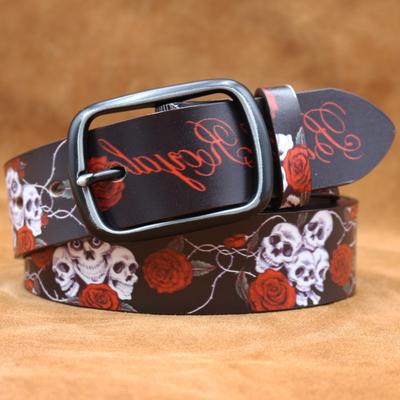 Ceinture rétro en cuir de vachette véritable, imprimée graffiti tête de mort et rose, personnalisée, style américain, japonais et coréen