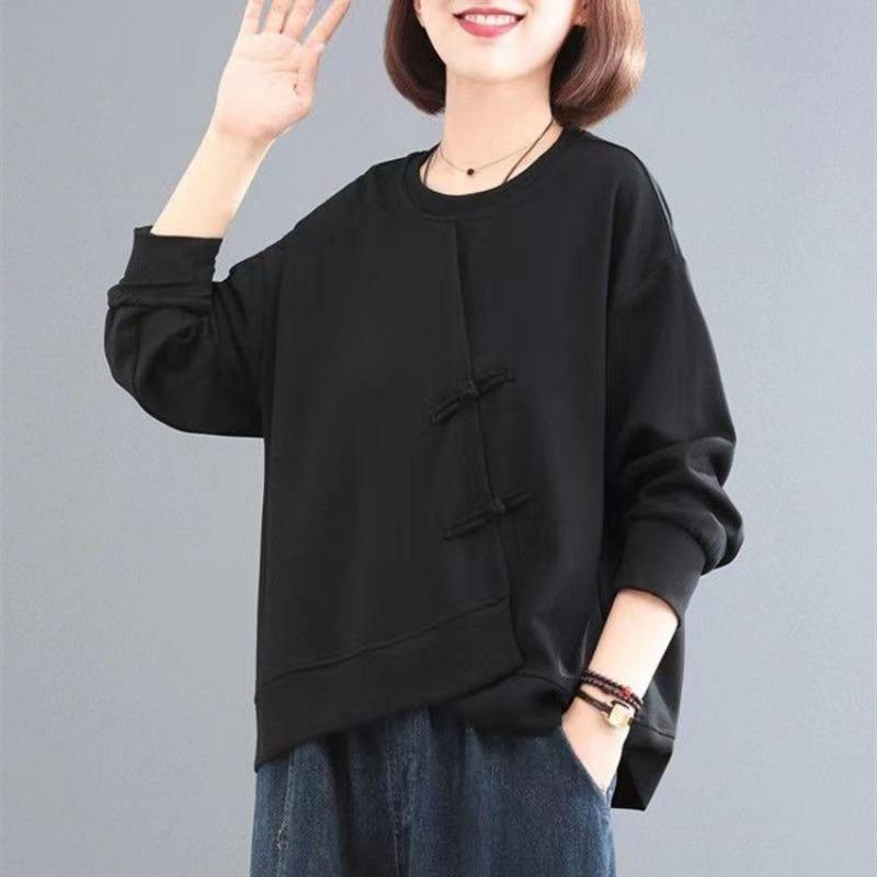 Western-style Autumn New Wear Round Sweatshirt Loose Solid Versatile T-shirt Temperament Long-sleeved Women