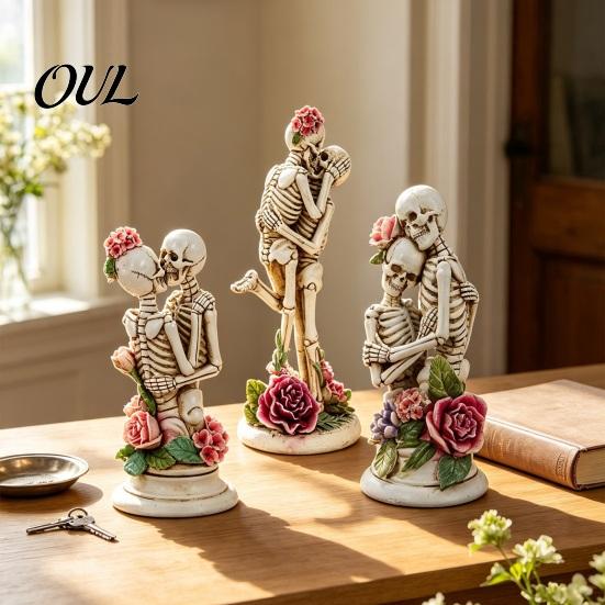 Gothic Style Commemorative Gift Resin Hugging Skeleton Couple Figurine with Roses, Eternal Love Skull Stable Base Display Ornament Statue, Day of The
