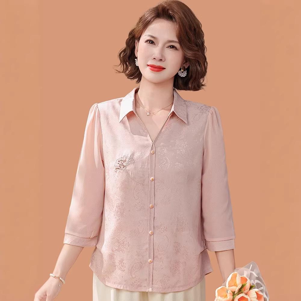 Mid-Aged & Elderly Women's Elegant Jacquard Lapel Shirt - Stylish Summer Seven-Sleeve Top for Mother's Wear