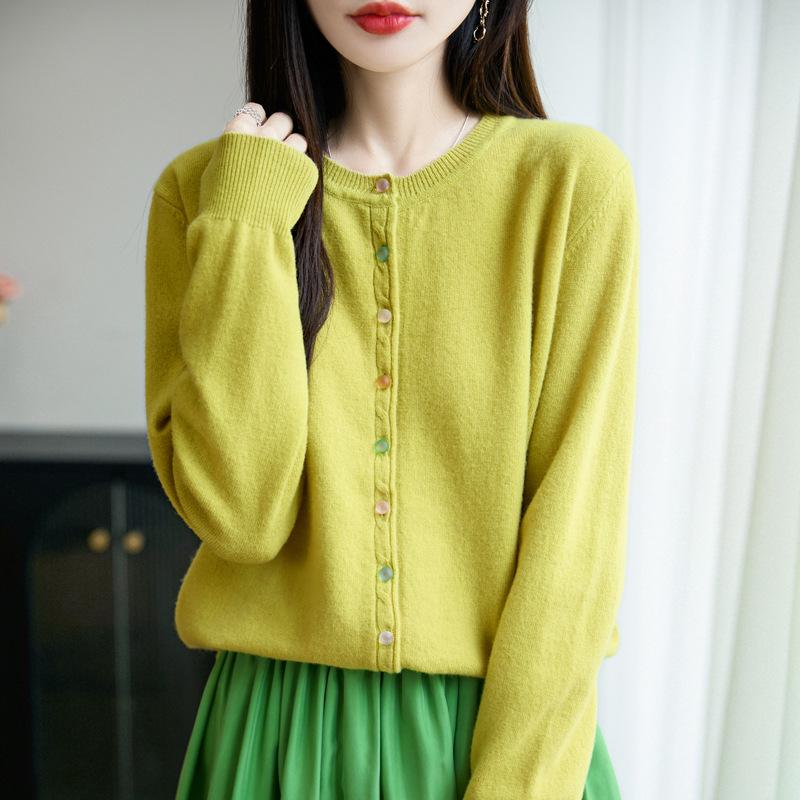 Women's Autumn 2025 Pure Wool Round Neck Cardigan - New Style Loose Knit Sweater