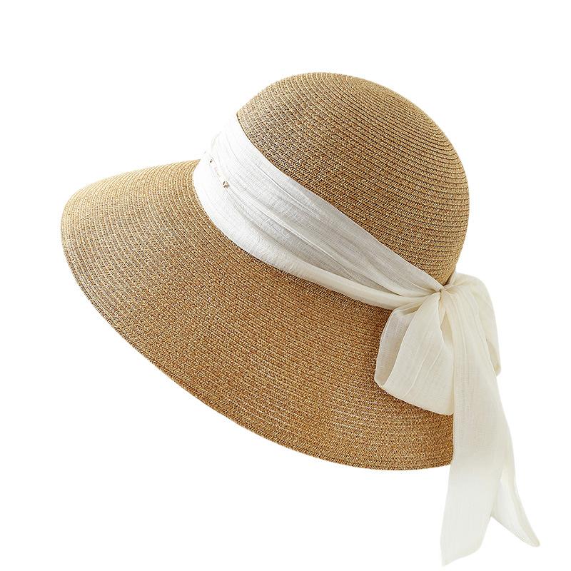 French large brim simple bow straw hat women's spring summer small fresh holiday wind sun hat seaside sun hat