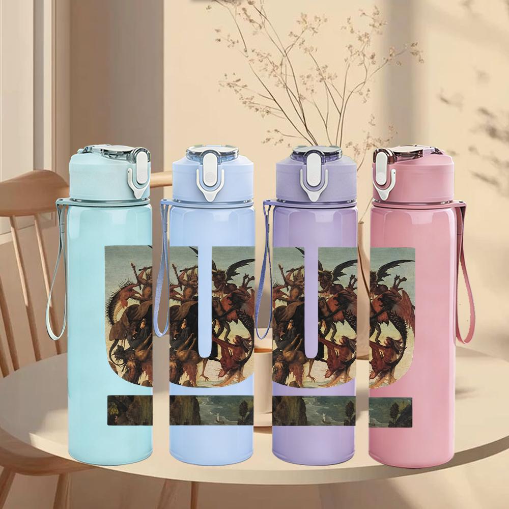 1PC Vertical U Shape Band Graphic Print 750ml Colorful Plastic Sports Water Bottle Leakproof Pop Lid with Straw for Outdoor Office Home Use