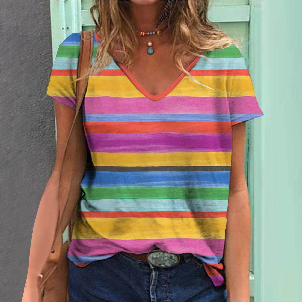 Bedrucktes Damen V-Ausschnitt Kurzarm Sommer 3D Gestreiftes Top Damen T-Shirt