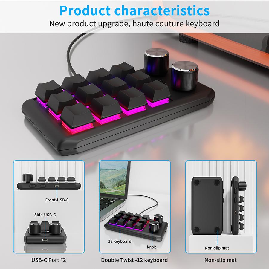 USB Wired Bluetooth 2.4G 3 Modes 12 Key 2 Knob Programming Macro Custom Keyboard PS Game Mechanical Keyboard Hot-swap Keypad