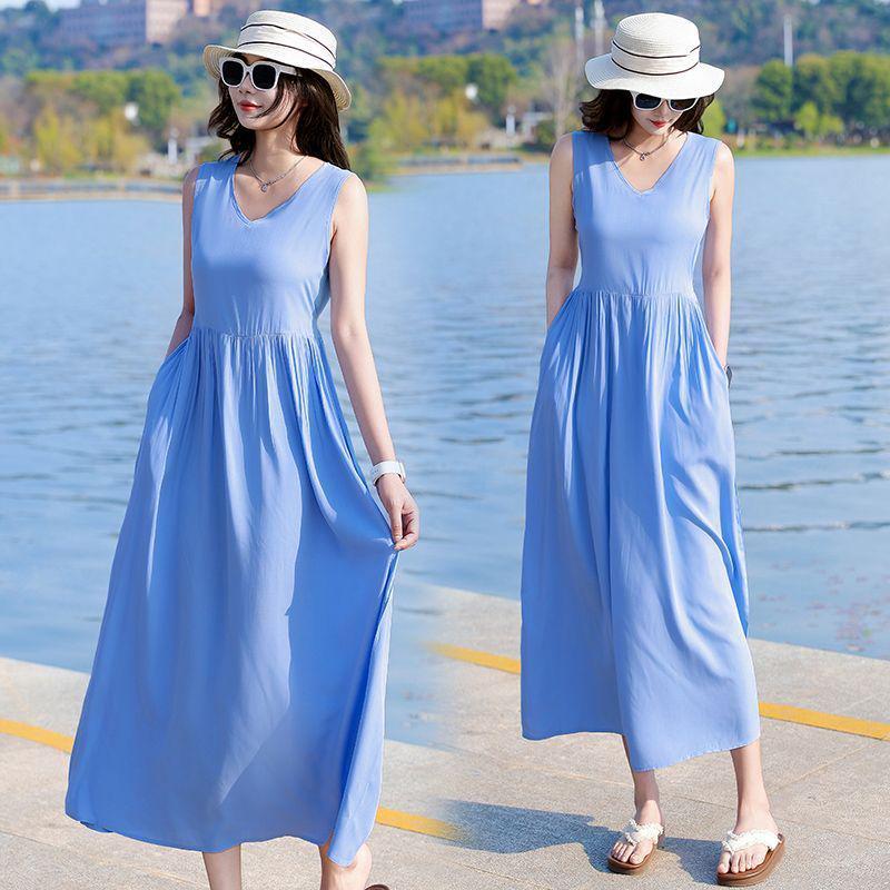 New Women's Summer Sleeveless French Silk-Cotton Beach Dress
