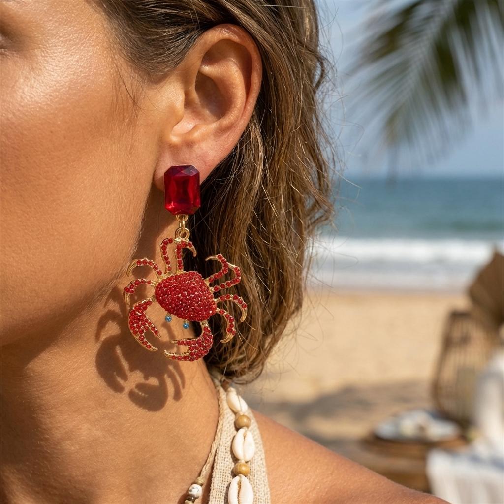 Light Luxury Full Rhinestone Crab Pendant Earrings for Women Exaggerated Sea Animal Earrings Summer Vacation Beach Jewelry