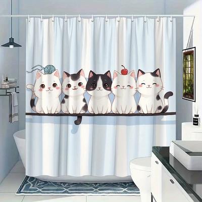 Cute Cartoon Cat In Blue Color Shower Curtain Washable Dirt-Resistant Shower Head Waterproof Polyester Bath Curtain