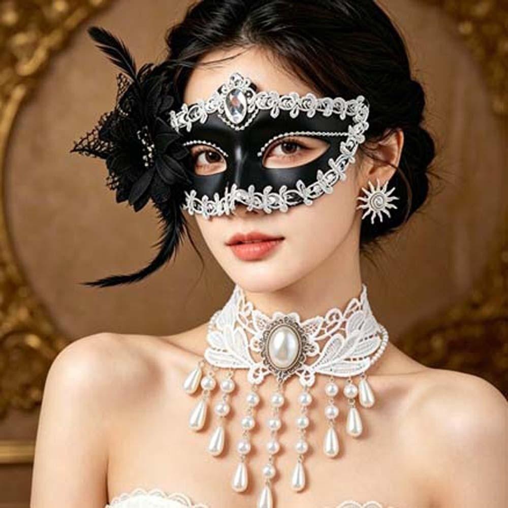 Half Face Cut Masquerade Eye Mask Rhinestone Embedded Side Flower Trim Feather Face Veil Glossy Finished Soft Feather Accent