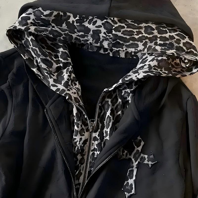 226 Y2K Womens Gothic Cross Leopard Print Hooded Zip Sweatshirt Retro Streetwear