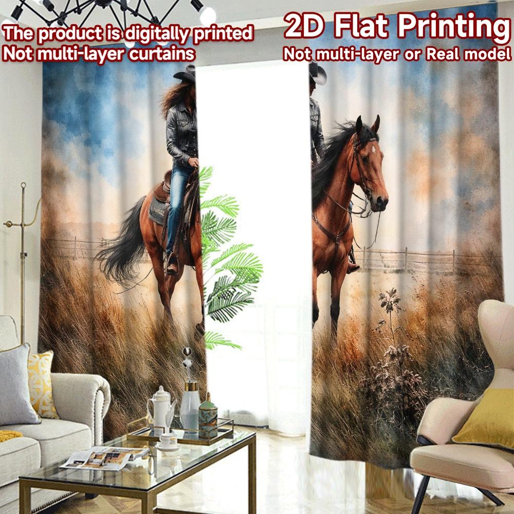 2D FLAT PRINTING 2pcs Curtains (Without Rod) Cowgirl Riding Horse Pattern Modern Curtains Versatile 100% Polyester Curtains Eid