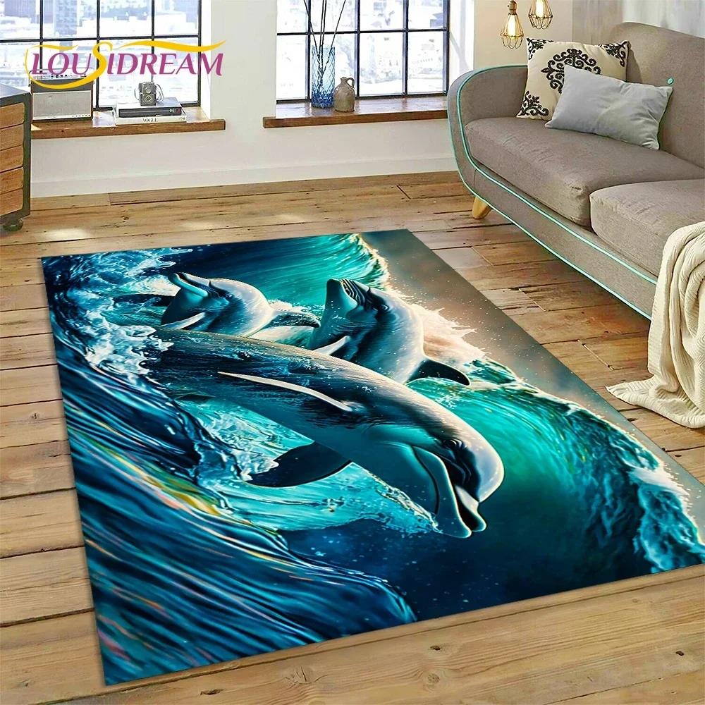 Tappeto Moquette 3D Mondo Sottomarino Fondale Marino Delfino Cartone Animato per Camera da Letto Soggiorno Decorazione Casa Divano, Bambino Grande Decor Tappetino Pavimento