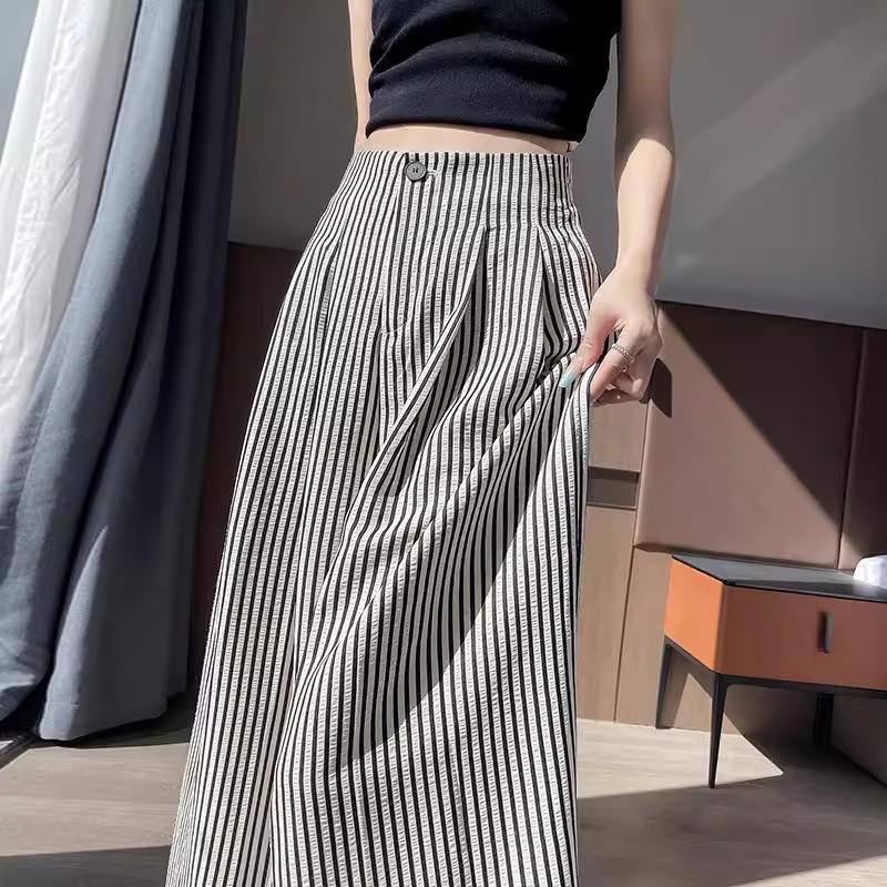 Spicy Girl 2025 Summer Ice Silk Striped Wide-Leg Pants - Plus Size, Casual, Hip-Hugging, Lazy Style