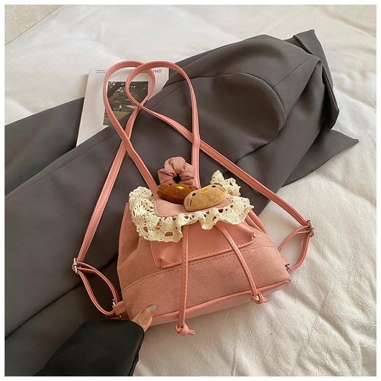 Schoolbag Korean version of high-value cartoon plush doll retro lace backpack women's fashion versatile foreign style travel small backpack