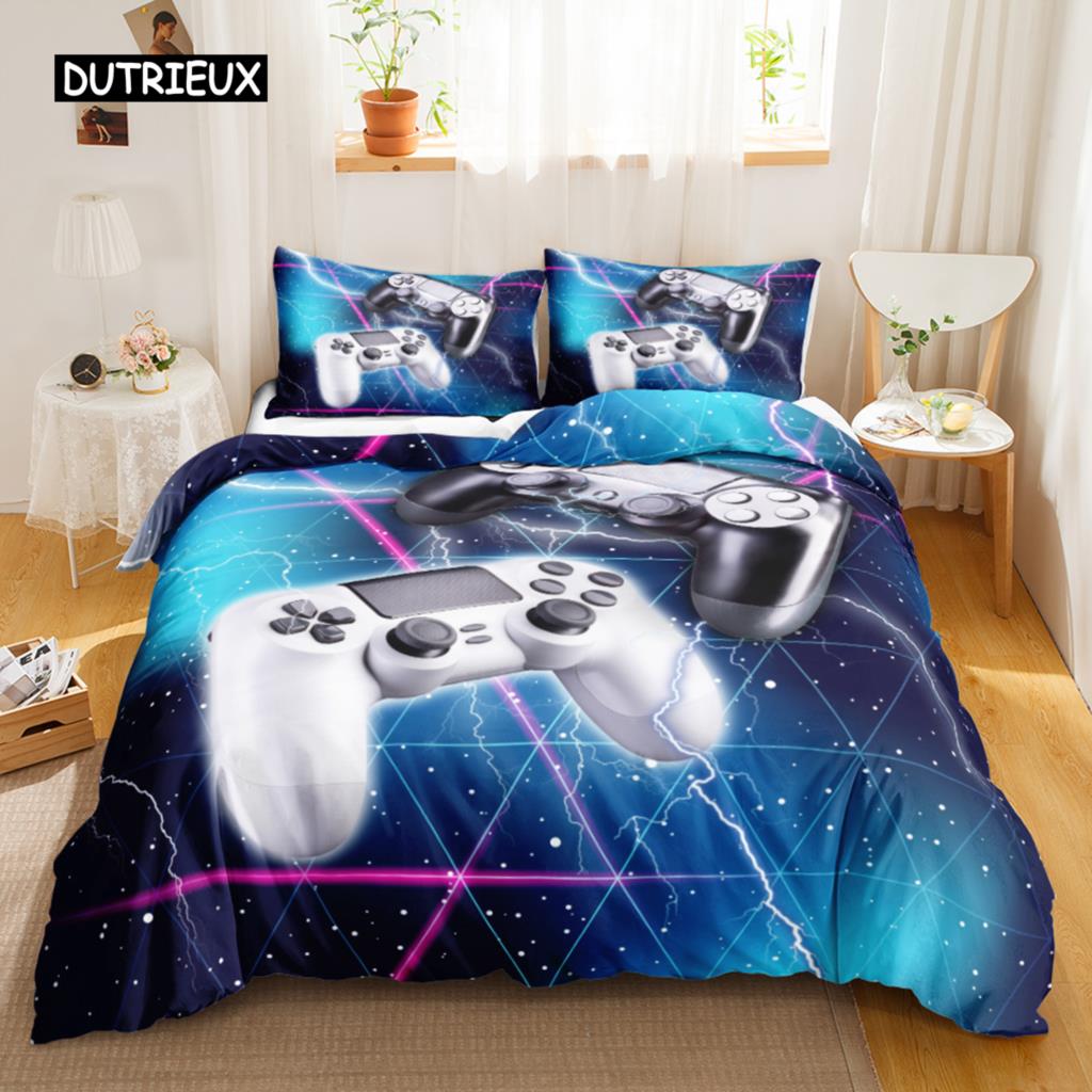 Spiele Bettbezug Set Farbverlauf Gaming Bettdeckenbezug für Kinder Teenager Gamepad Tagesdecke Bezug Neon Spiele Polyester Quiltbezug