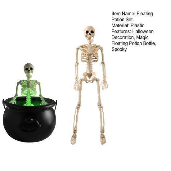 Skeleton Potion Witch Cauldron DIY Magic Floating Potion Bottle with LED Mist Maker And Diffuser Spooky Black Bowl Halloween Decoration for
